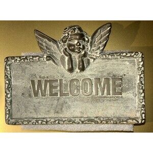 Vintage Brass WELCOME Garden/Door Plaque Sign Cherub Angel 4X7 1/2
